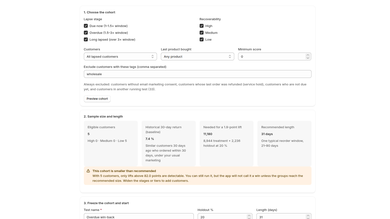 New holdout test: cohort settings, eligible customers, historical return baseline, needed sample size and recommended length